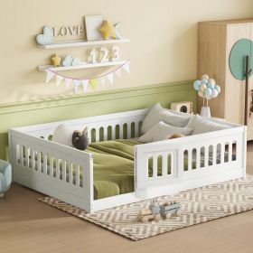Full Size Floor Bed with Heightened Safety Guardrails and Door, Solid Wood Bedframe with Rails for Girls, Boys, Teens, Child Bedroom, Kids Playro