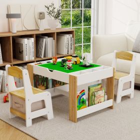 Kids 2 in 1 Play Table & 2 Chairs Set,with 7 Storage Compartments,Compatible with LEGO Building Block