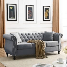 [Video] 80" Chesterfield Sofa Grey Velvet for Living Room, 3 Seater Sofa Tufted Couch with Rolled Arms and Nailhead for Living Room, Bedroom, Off