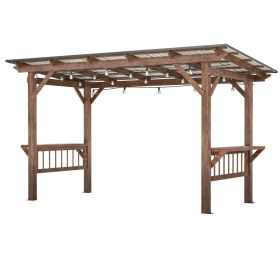 13X 6.5 Ft Wooden Pergola Grill Gazebo With Metal Roof & Bulbs & Bar Counters (Color: Brown)