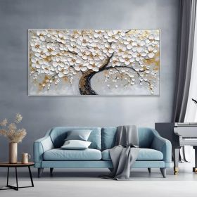 White Blossom Tree Canvas Oil Painting Hand Abstract Floral Plant Art 3D Textured Palette Knife Minimalist Home Decor Birthday Gift (Style: 01, size: 40x80cm)